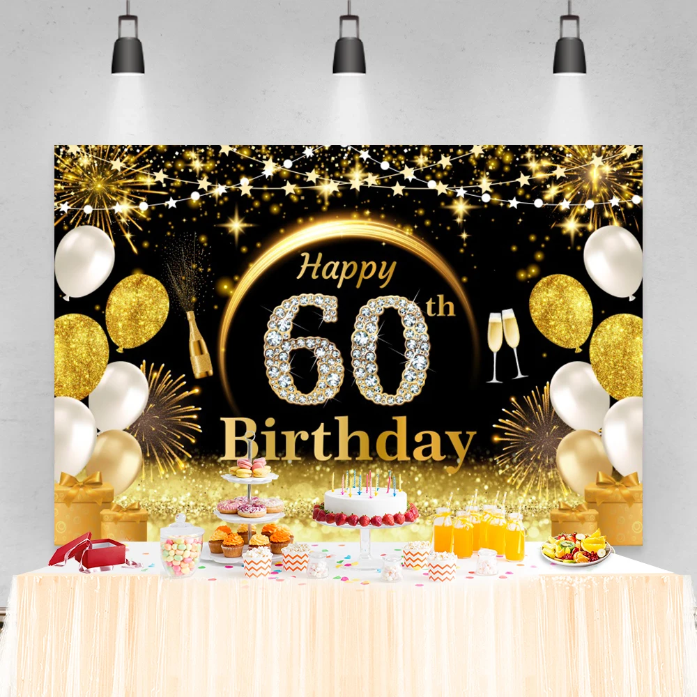 Fondo de fiesta de cumpleaños de adultos con globos dorados, cartel de fotografía de retrato de fiesta familiar, Decoración de mesa de pastel, Fondo de fotomatón