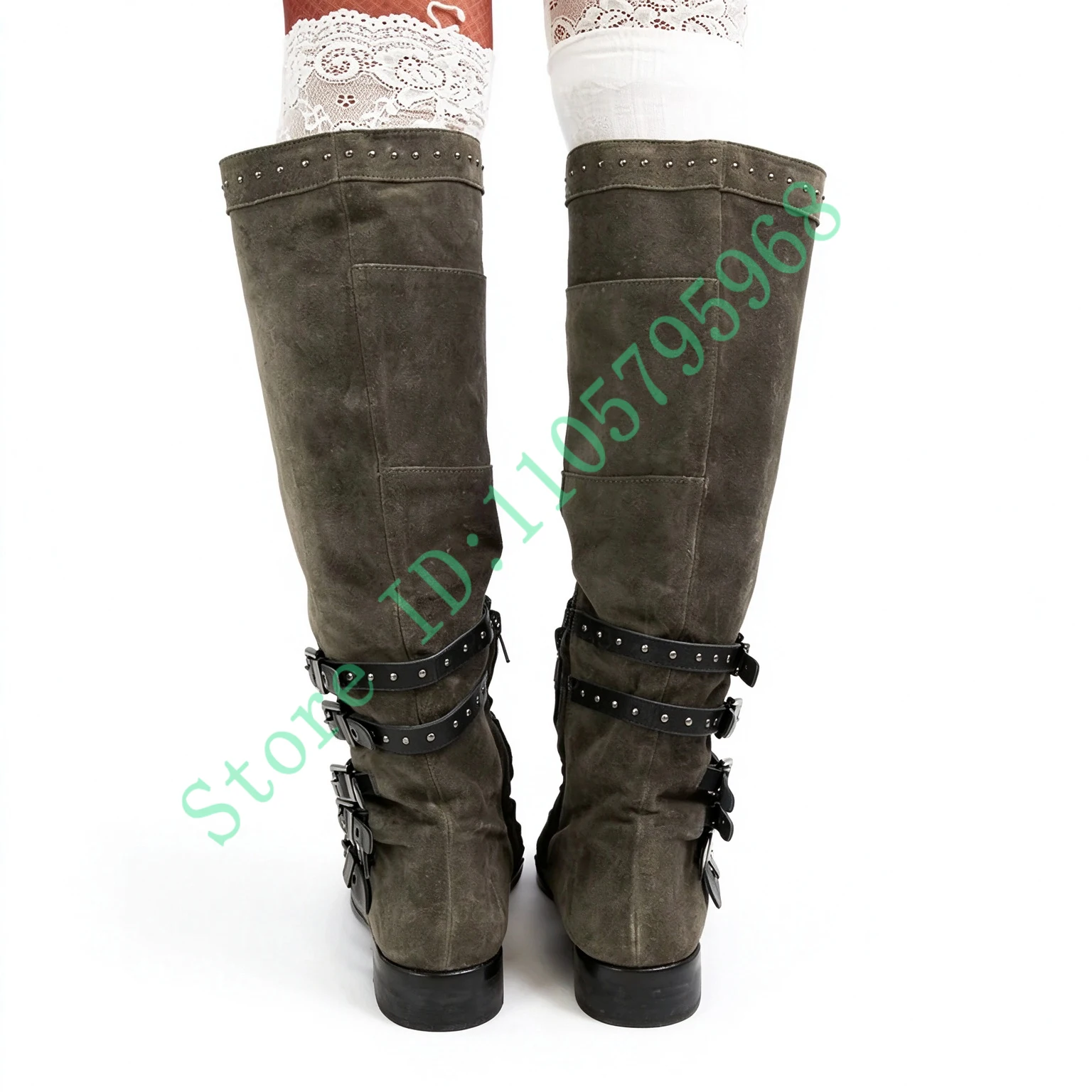 Grey Suede Block Low Heel Knee High Boots Women Eyelet Rivet Belt Buckle Patched Boots Female Multi Straps Side Zipper Shoes
