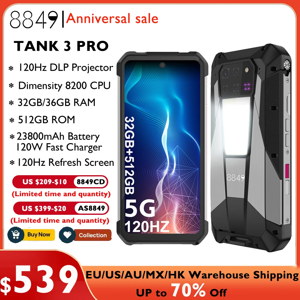 8849 Tank 3 Pro par Unihertz projecteur robuste Smartphone Android 32/36GB RAM 512GB ROM 5G 120W chargeur 23800mAh OTG téléphone portable