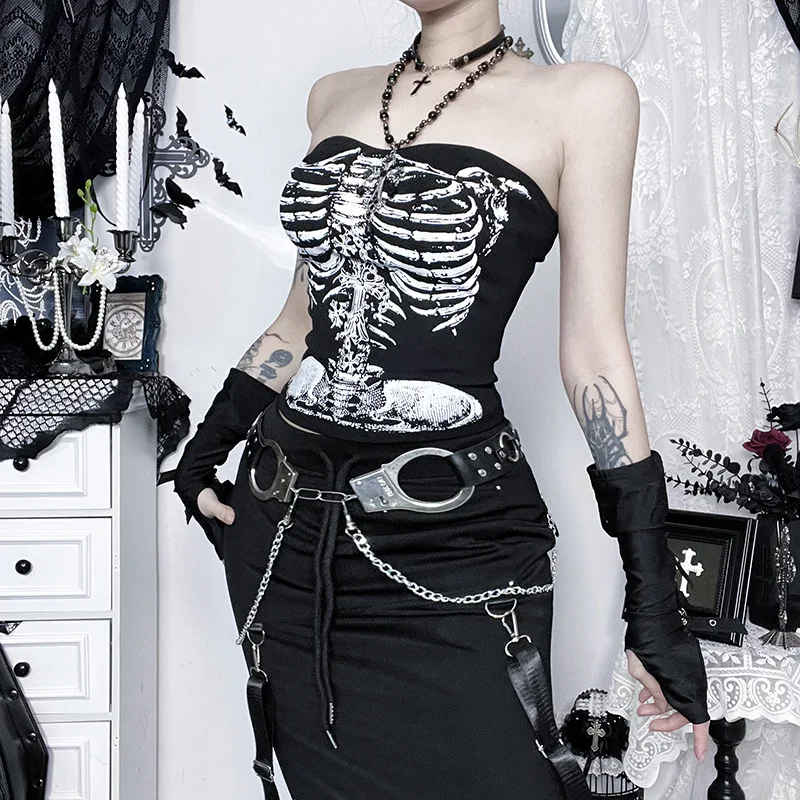 Estate Americano Gotico Scuro Sexy Backless Maglia da Donna Stampa Teschio Punk Y2K 2000s Canotta Corta Estetica Sottile Top Streetwear