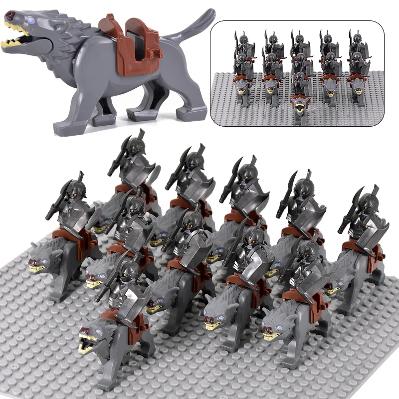 MOC Uruk-hai Orc Army Group Orcus Figures with Grey Wolf Mount Model Building Blocks LOTR Bricks Medieval Toys for Children gift