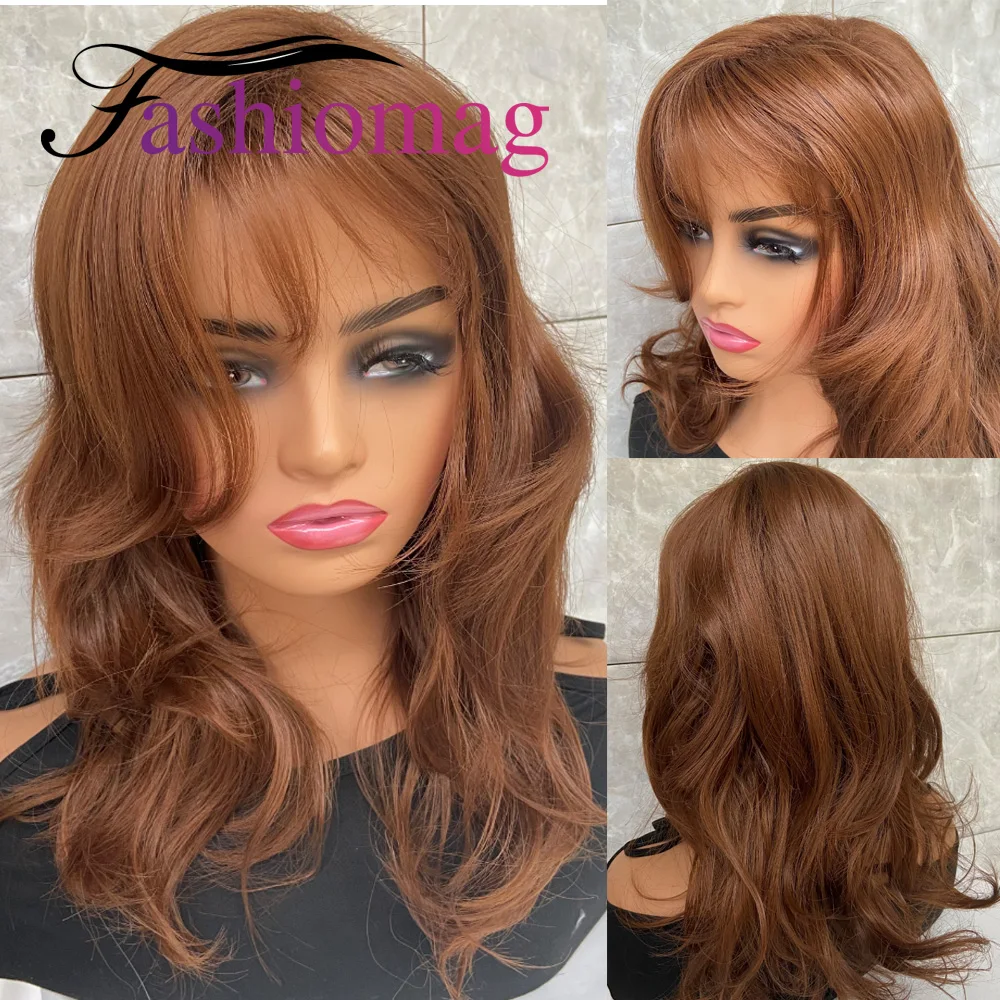 Fashiomag Medium Wavy Auburn Mix Human Hair Blend Heat Ok Synthetic Hair Wigs Women Soft Natural Daily Use