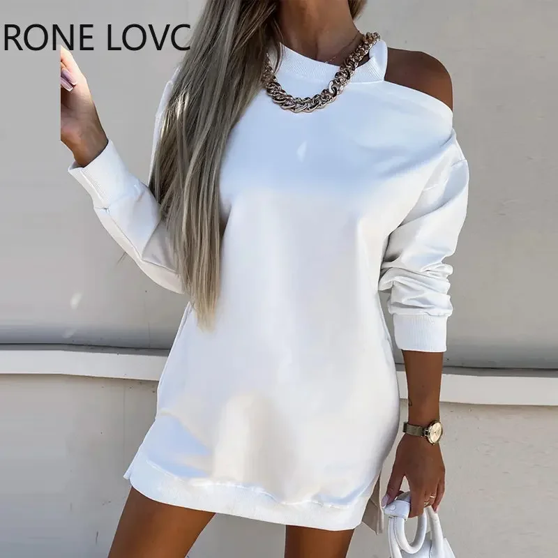 

Women Chic Solid Round Neck One Side Off Shouldder Basics Long Sleeves Straight Sweatshirt Dress Top