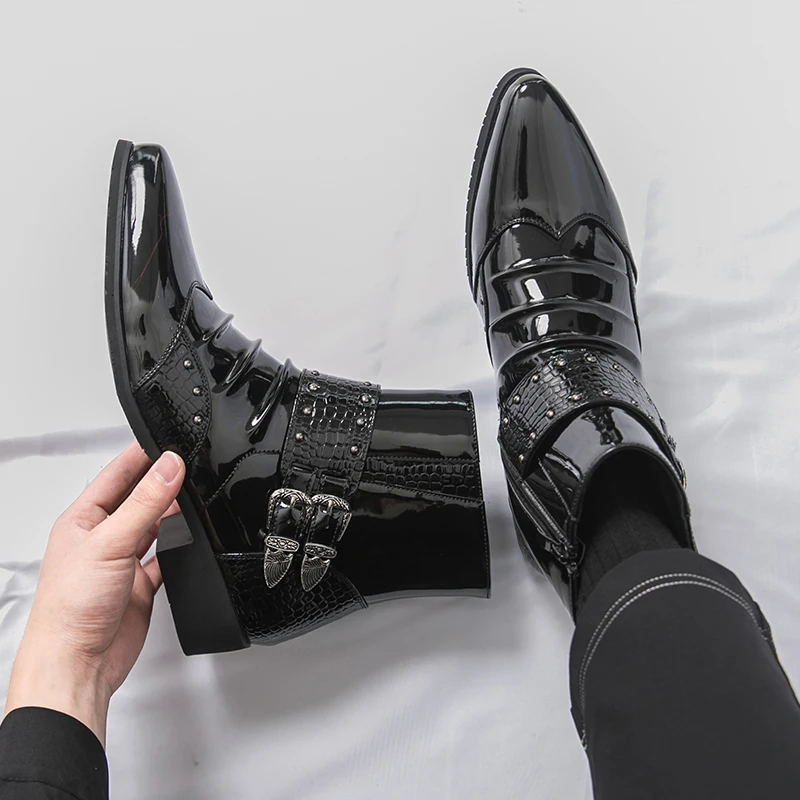 

Men's Boots High Quality Patent Leather Business Boots Mens Chelsea Boots Punk Style Belt Buckle Ankle Boot Casual Leather Botas