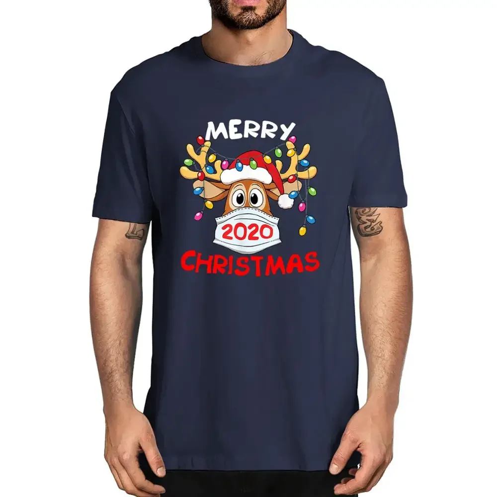 Unisex Cotton Reindeer In Mask Shirt Funny Merry Christmas 2020 Men's 100% Cotton Short Sleeve T-Shirt Fashion Women Tee Gift