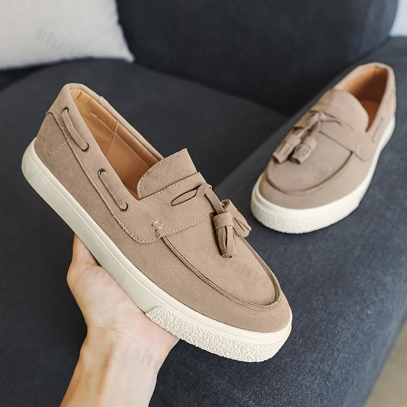 

2025 Men Flat Loafers Frosted Suede Flat Shoes Comfortable Non Slip Trendy Fashion Loafers Lightweight Outdoor Casual Shoes