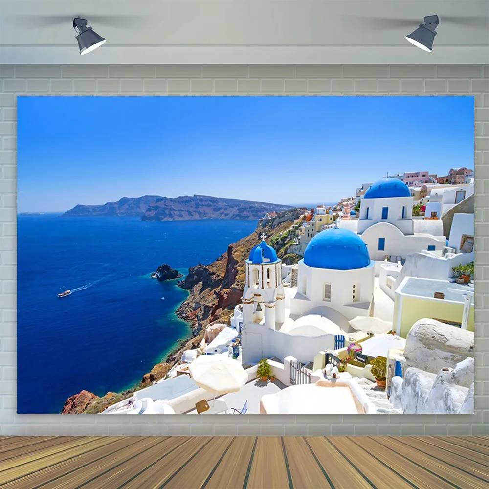 Santorini Island Backdrop Greece Aegean Sea View Coastline Travel Photography Background Blue Bridal Wedding Travel Baby Shower