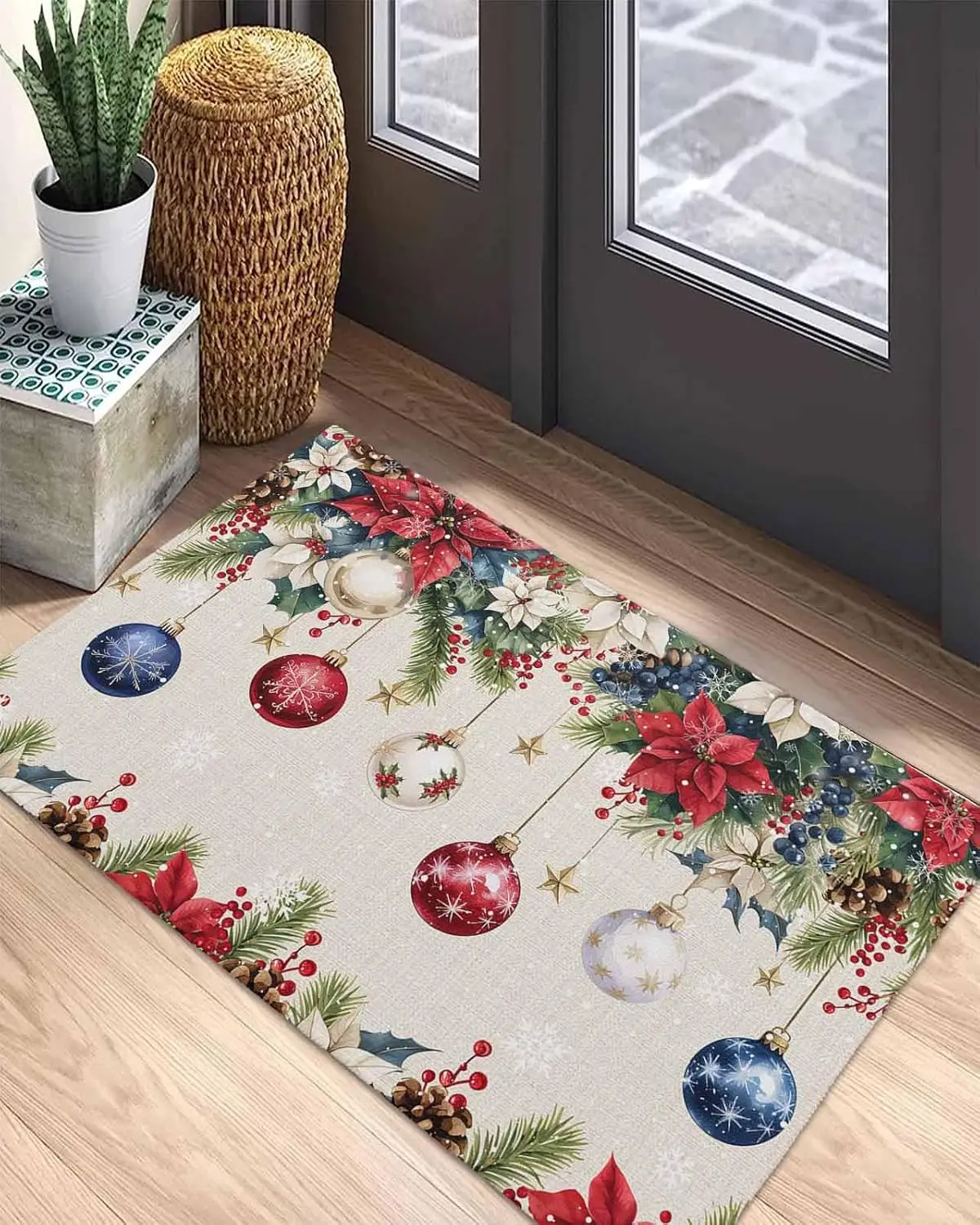 Christmas Poinsettia Balls Pine Cone Berry Entrance Doormat Decor Anti-slip Bedroom Beside Foot Mat Bathroom Floormat Xmas Decor