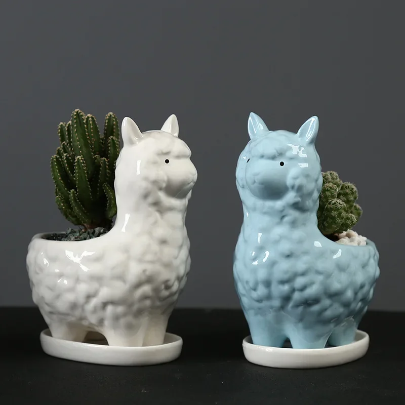 Nordic Ins Creative Ceramic Mini Sheep Flower Pot with Tray Home Living Room Desktop Succulents Bonsai Pot Crafts Garden Decor