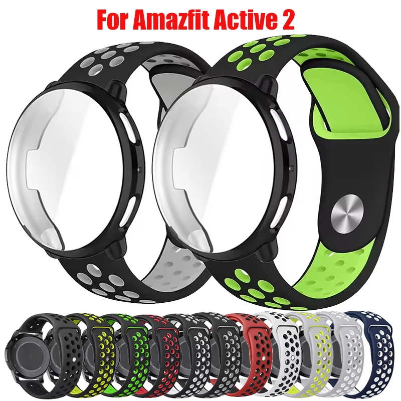 Atmungsaktives Silikonarmband + TPU-Hülle für Amazfit Active 2, Uhrenarmband Correa für Amazfit Active 2, Rundum-Displayschutzhülle