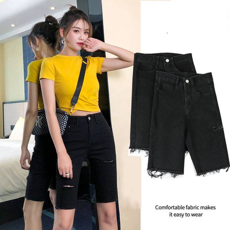 Ripped Jeans Shorts for Women Fashion Summer Half Women Denim Shorts High Waist A Line Loose Female Short Jeans Streetwear