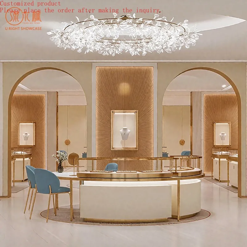 

Custom.Custom Luxury Curved Jewelry Display Cabinet with Gold Trim & Anti-Glare Glass for Mall Pop-Up Stores & Boutiques
