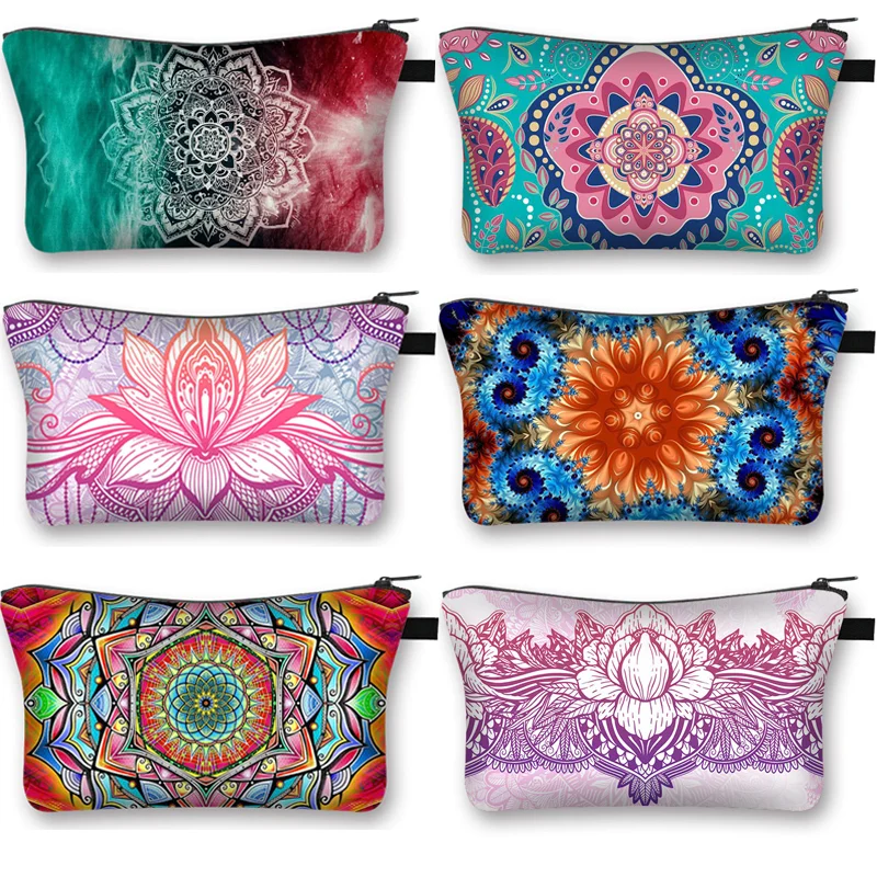 Mandala Flower Print Cosmetic Bag Women Lucky Hamsa Hand Pattern Make Up Bags For Travel Toiletry Bag Lipstick Storage Bags Gift