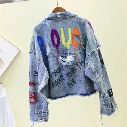 Rivet Beaded Line Tassel Letter Graffiti Print Women Denim Jacket Spring Autumn 2024 Casual Hole Denim Jacket Veste Femme