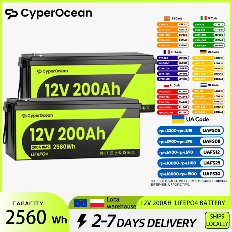 CyperOcean 12V 200Ah LiFePO4 Lithium Battery 2 Packs EV Grade A Cells 15000 Cycle 200Ah BMS 2560Wh Battery for RV,Camper, Trailer, Off-Grid, Solar System