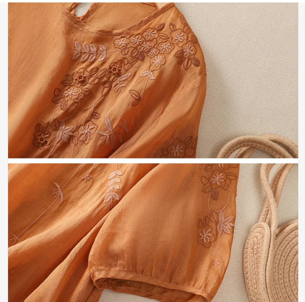 Damskie haftowane bawełniane lniane bluzki Letnie koszulki z krótkim rękawem Luźny pomarańczowo-zielony top