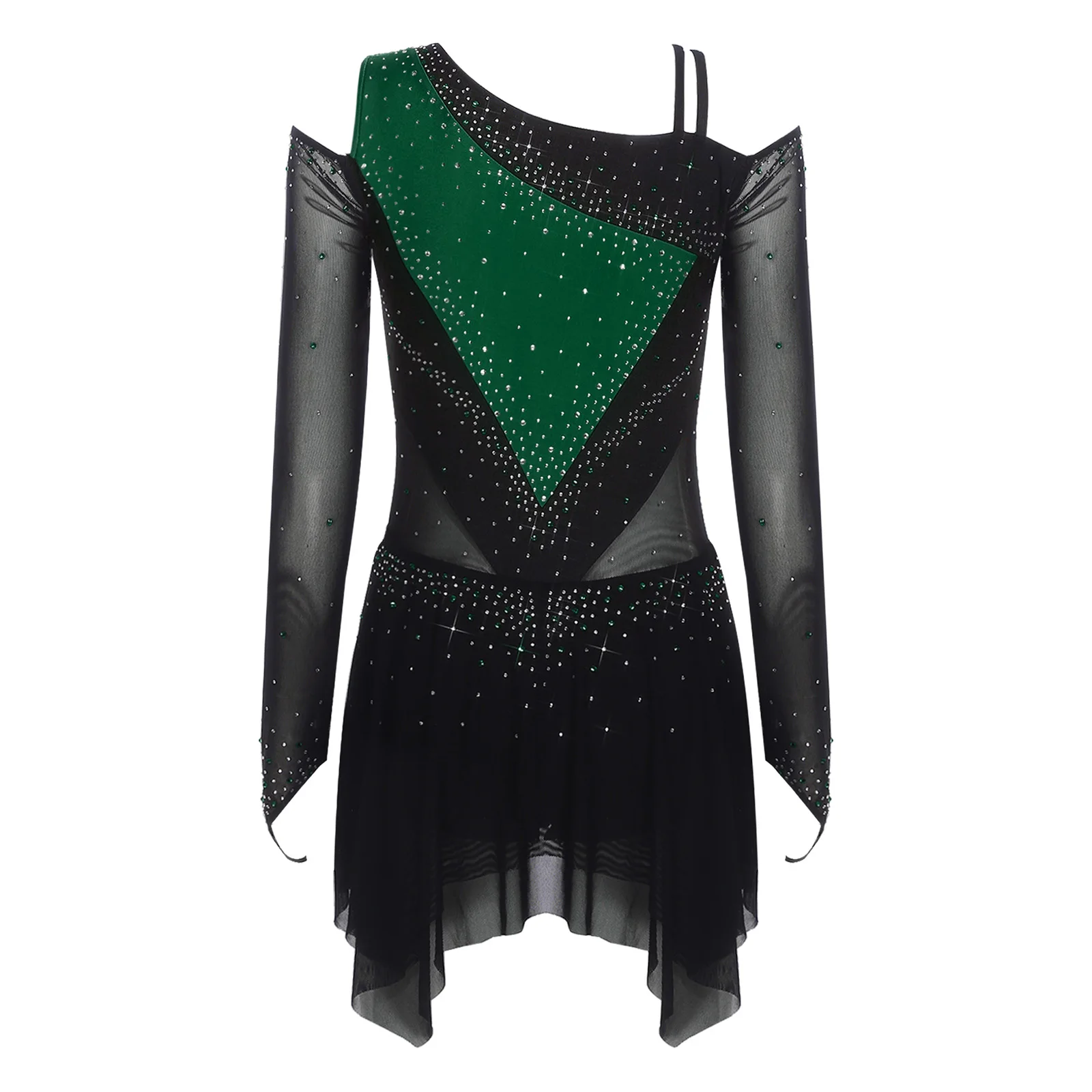 Abito da pattinaggio di figura radiante da donna Spalla asimmetrica Strass di cristallo Abito body con orlo in rete irregolare per spettacoli di danza