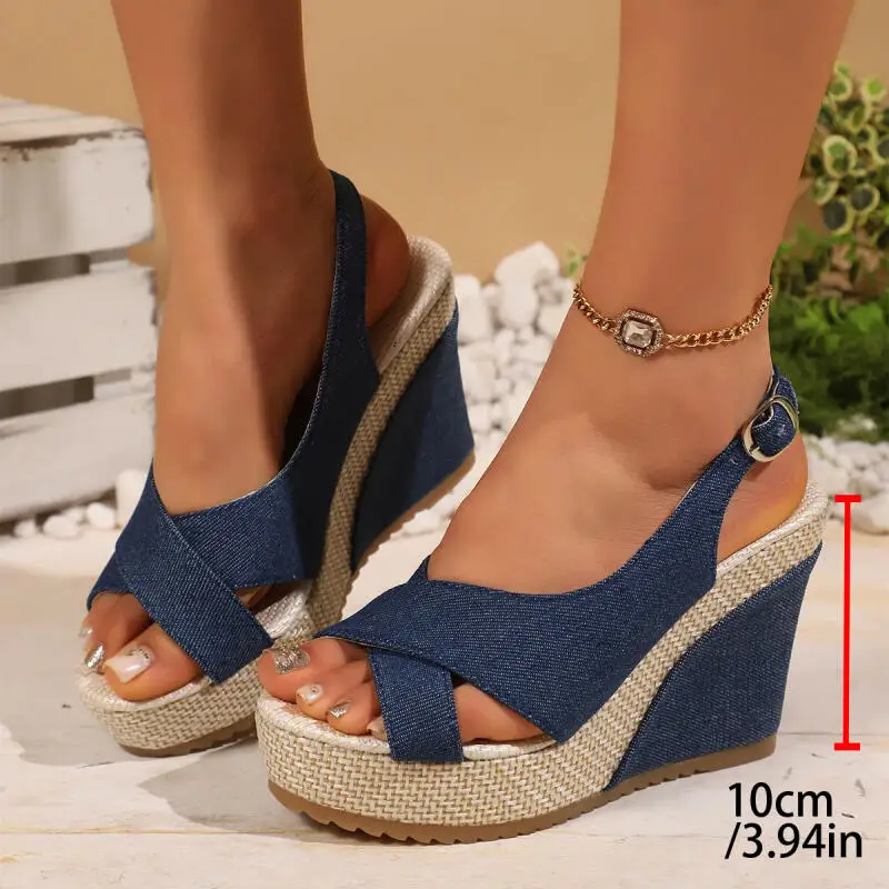 

Женские летние сандалии на танкетке с платформой, сексуальные, с перекрестными ремешками, открытым носком и задним ремешком, на толстой подошве, модель 2026 года