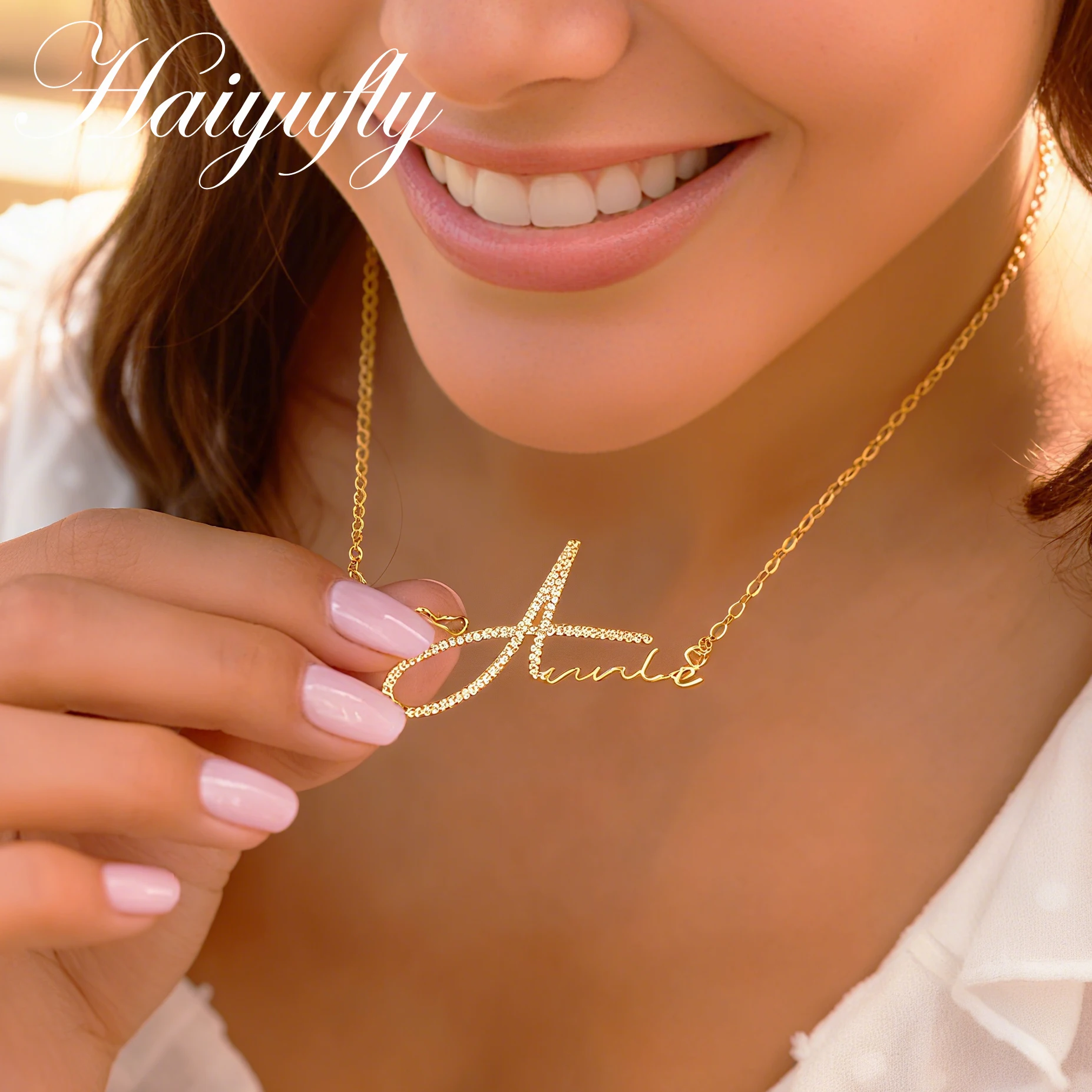 

Haiyufly ожерелье с индивидуальным именем, женское циркониевое сердце, персонализированный блестящий камень, ювелирные изделия из нержавеющей стали, колье-цепочка, Рождественский подарок