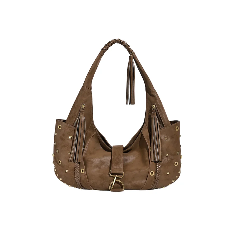 

High Texture Soft Leather Tote Bag for Women Vintage Punk Rivet Deco Shoulder Bag Stylish Tassel Design Female Commuter Bags