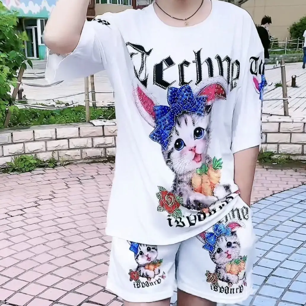 Fashion plus size summer new women's printed rhinestone short sleeved top+shorts two-piece set
