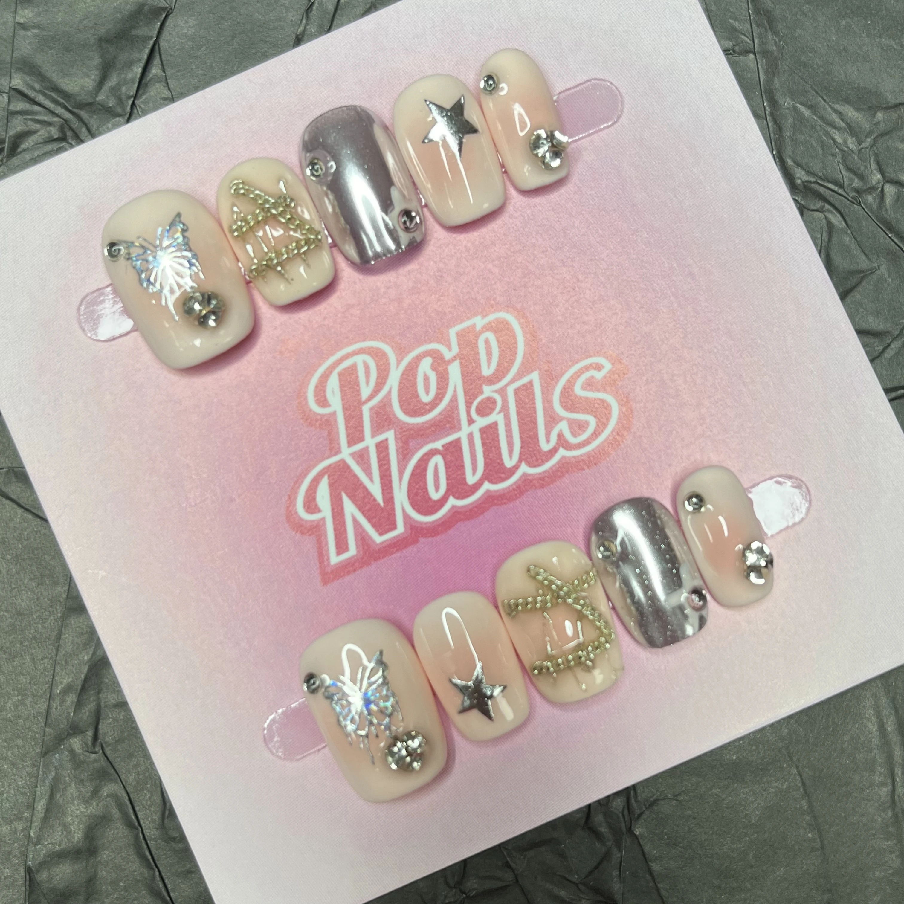 

10pcs Handmade Pink Press on Nails Short Square Press Ons Silver Butterfly Nail Art Pink Cute Full Cover Nail Tips Acrylic Nails