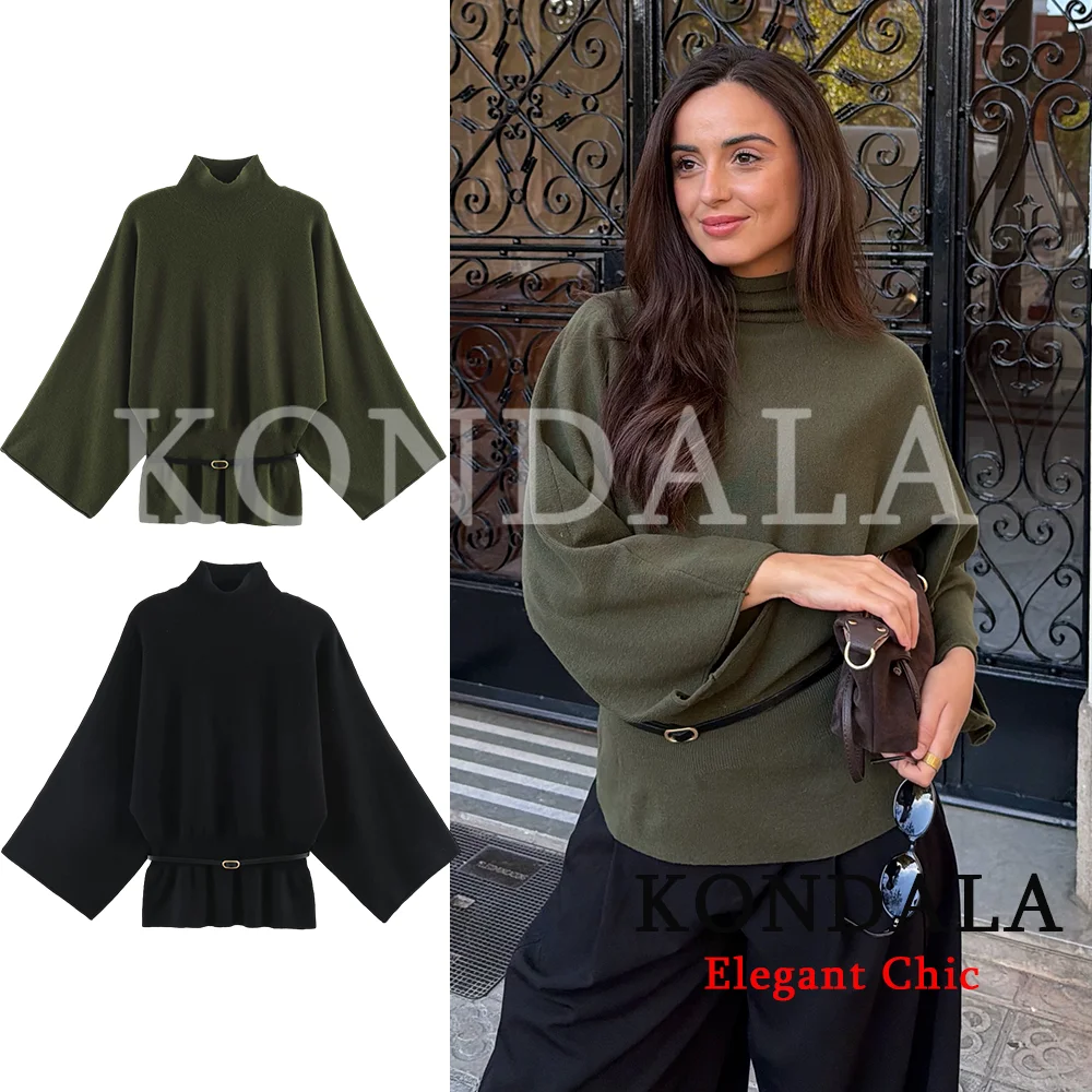 KONDALA Women Fall Elegant Belt Knitted Tops Chic Casual Turtleneck Sweater 2026 Autumn Trendy High Street Commute Waisted Tops