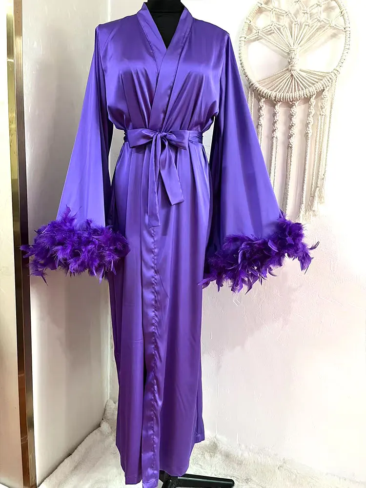 Luxury Purple Feather Robe Bride Kimono Long Boudoir Robe Wedding Floor Length Maxi Dressing Gown Bridesmaid Silk Satin Robe New
