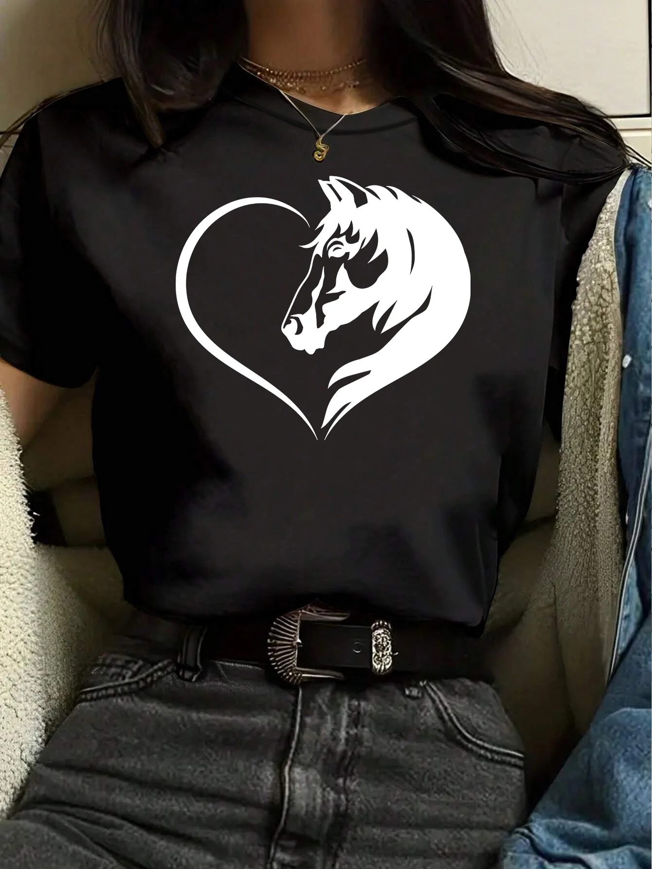 

Women'S Fashion Horse Heart Print T-Shirt Round Neck Short Sleeve Cotton Tees Retro Hip Hop Y2k T-shirt Summer Women Clothing
