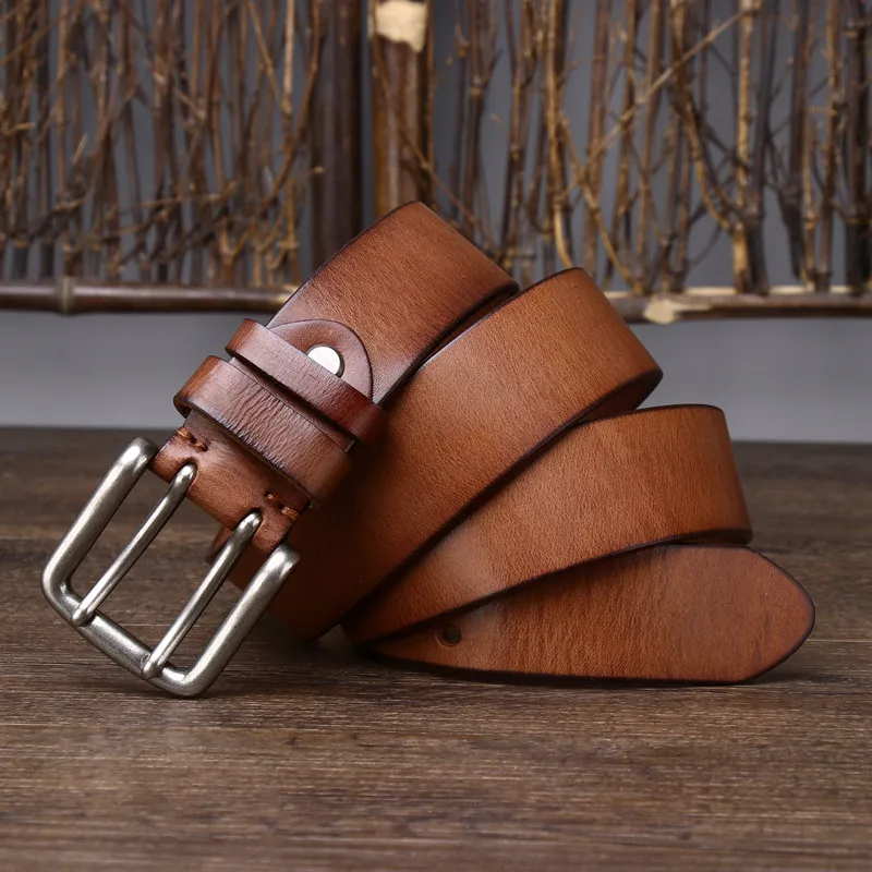 New style versatile double pin buckle belt for men, made of genuine first-layer pure cowhide, suitable for jeans