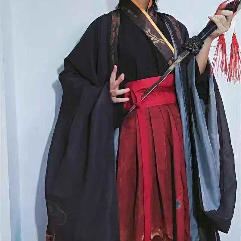 Conjuntos de fantasia chinesa hanfu cosplay para casais, estampa tradicional antiga, vermelho e preto, homens e mulheres, conjuntos de carnaval, plus size, xl