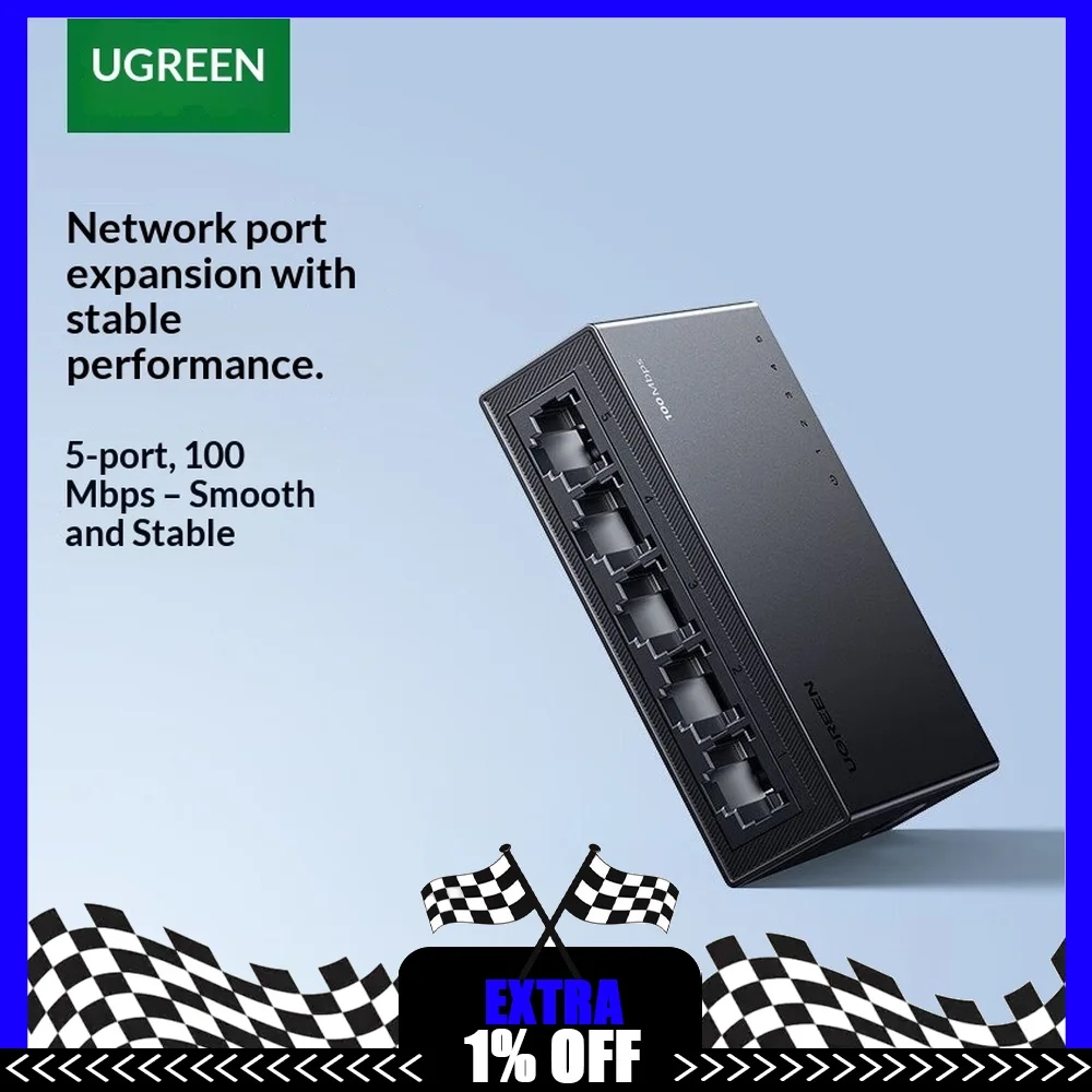 UGREEN 35046 CM631 5-Port 100Mbps Unmanaged Ethernet Switch RJ45 Desktop Network Hub Plug and Play