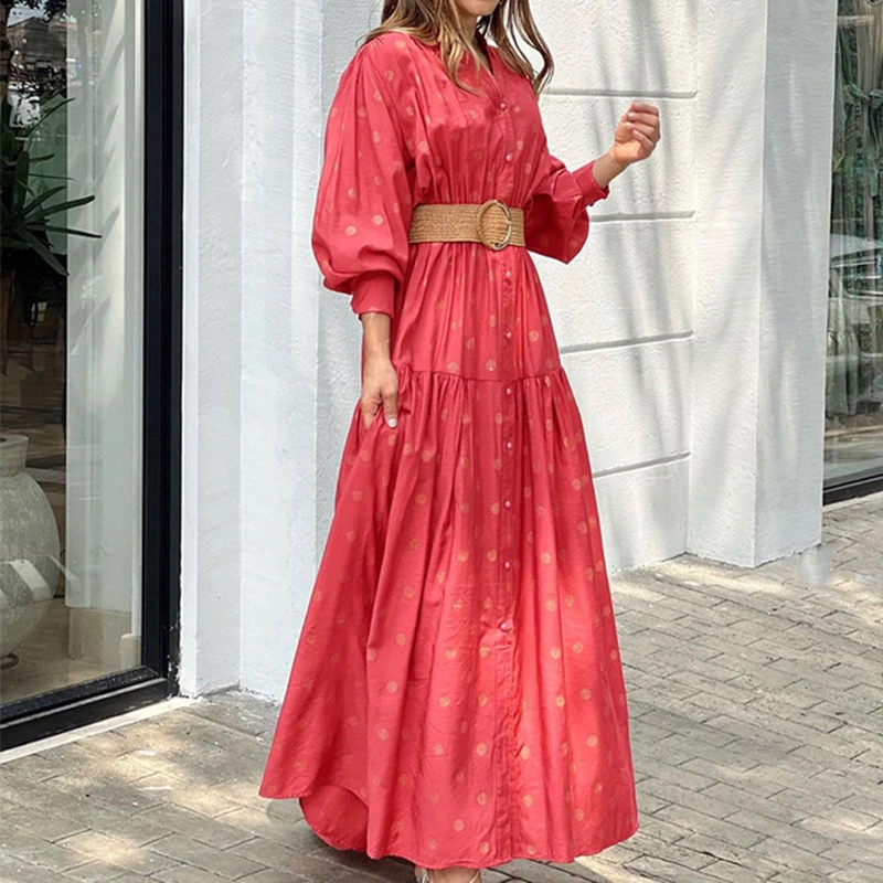 2022 Women Floral Printed Lantern Long Sleeve Sundress Female Vintage Cake Loose Beach Dress Elegant Cascading Ruffles Cover-Ups