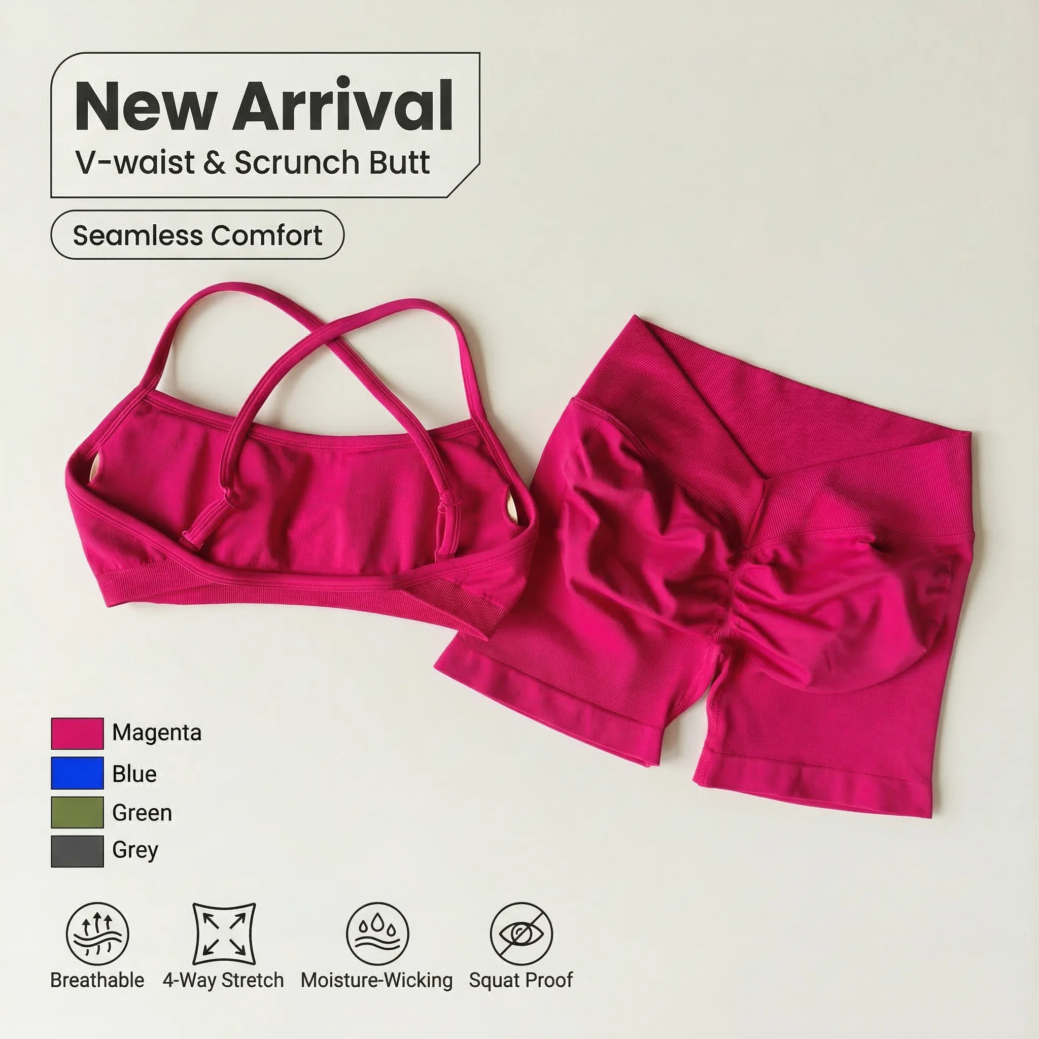 New Women's Seamless Workout Sets Thin Strap Back Sports Bra & 3-Inch Shorts, Quick Dry Gym Yoga Outfits