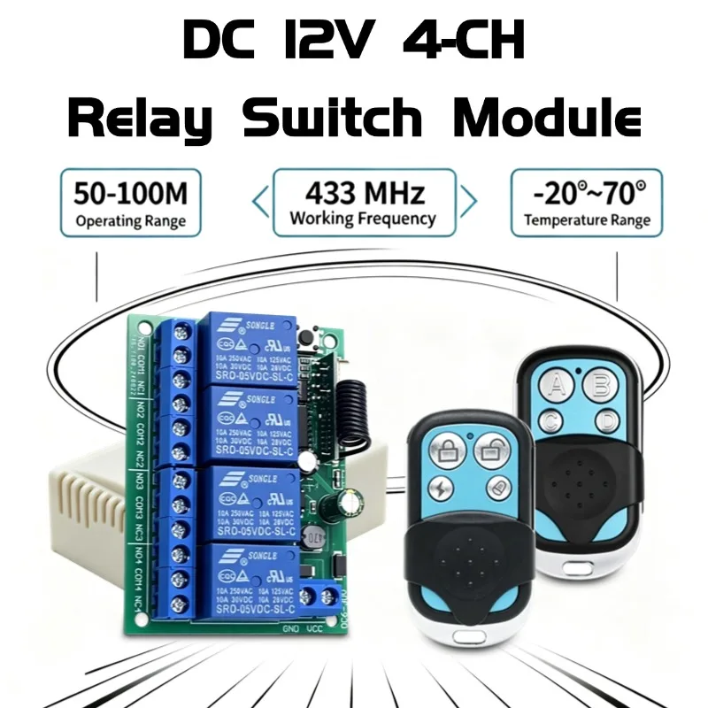 433Mhz Universal Wireless Remote Control DC 12V 24V Relay 4CH Module Receiver 4B Transmitter For Garage Door Gate Motor Light