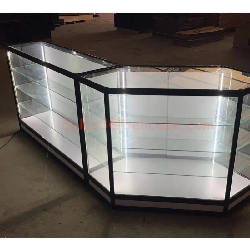 Custom, retail and shop display showcase tempered glass smoke shop showcase with light