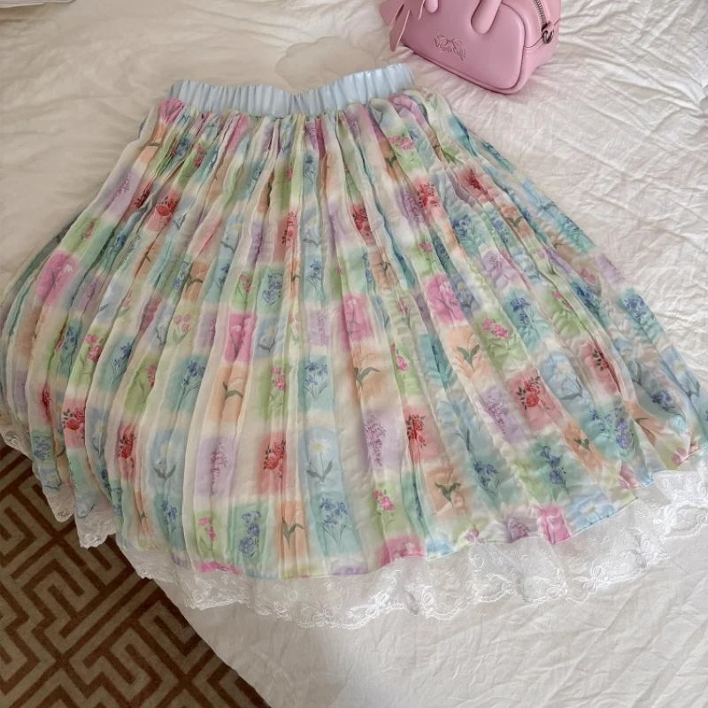 Japanese 2025 Summer New Women's Above Knee Skirt Original Design Colorful Sweet Age-reducing Plaid Floral Pleated Skirts Ladies