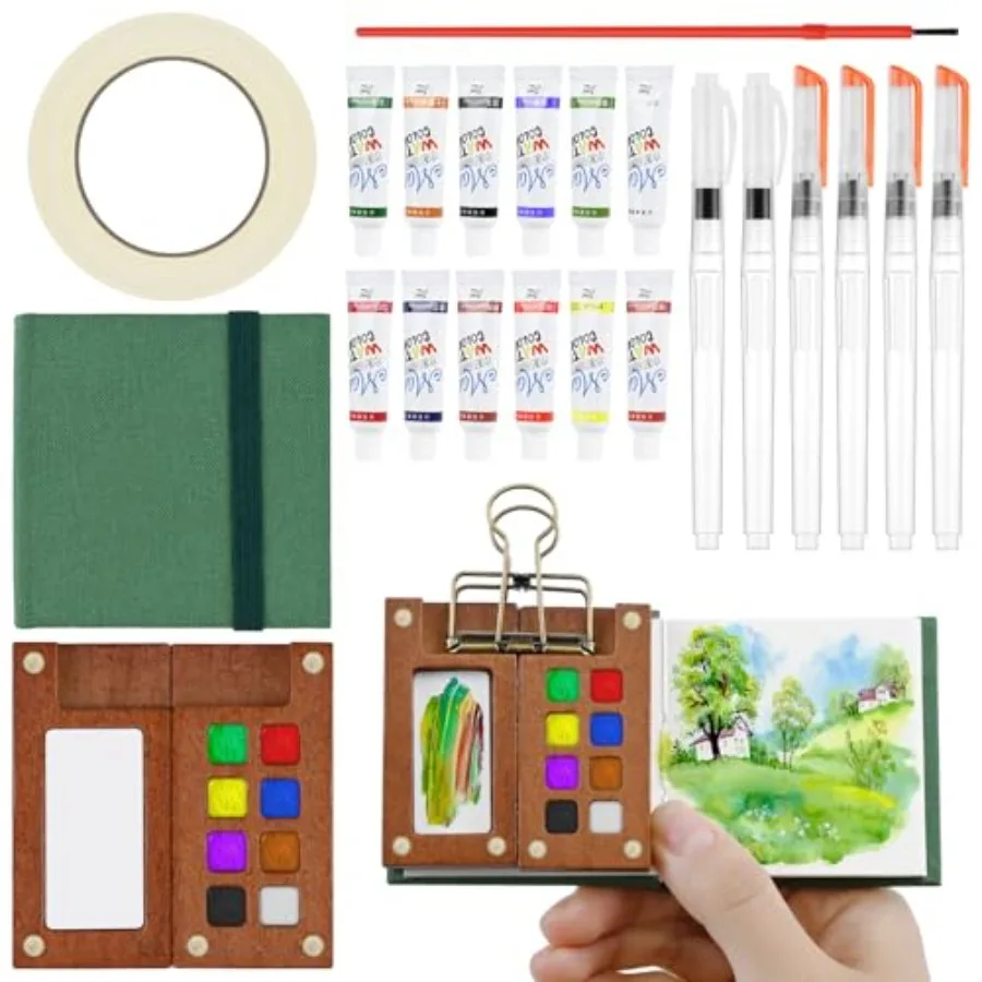 

Mini Portable Watercolor Palette Set Complete Travel Watercolor Set with 12 Watercolor Paints, Wooden Grid Paint Box, Mini Sket