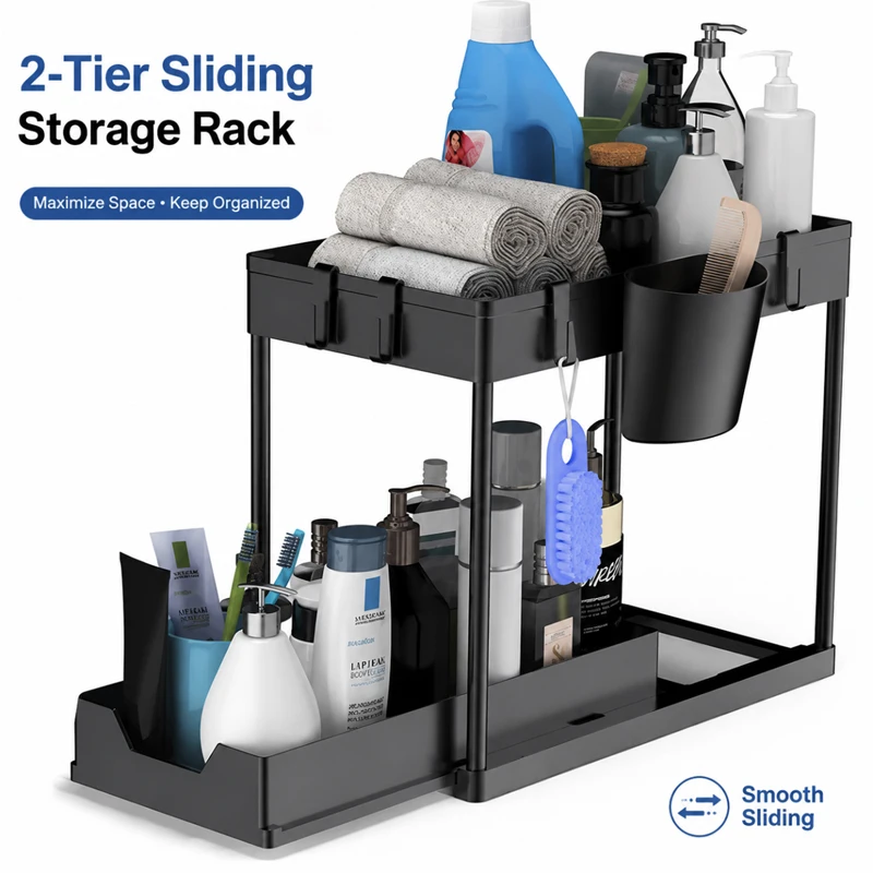 2‑Tier Sliding Under Sink Organizer Multi‑Function Cabinet Basket with Hooks Hanging Cup Space‑Saving Rack for Kitchen Bathroom