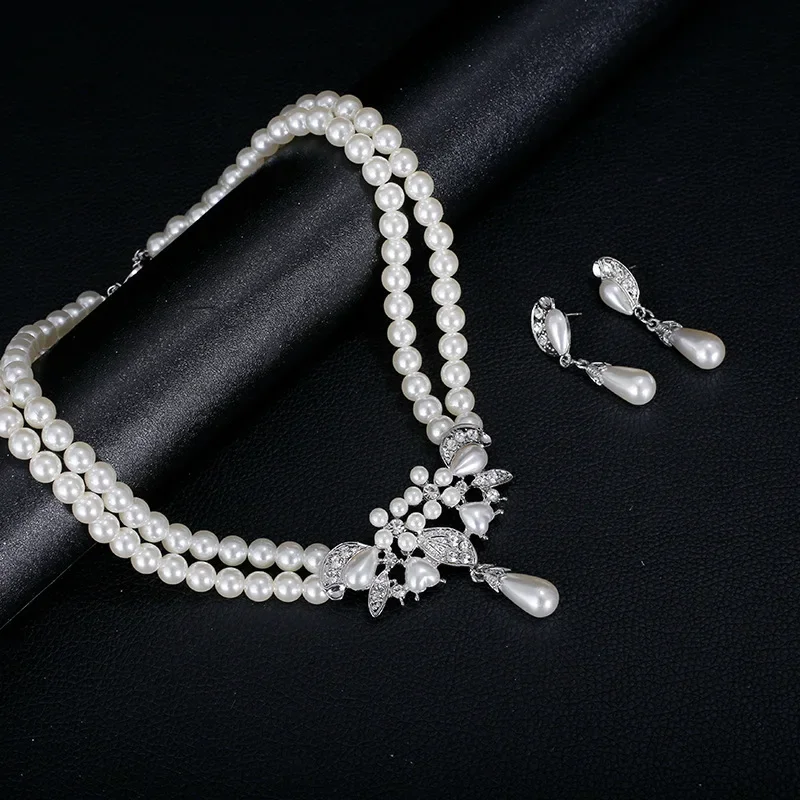 진주 꽃 목걸이 귀걸이 세트 여성을위한 우아한 라인 석 쥬얼리 세트 결혼식 날짜 파티 휴일