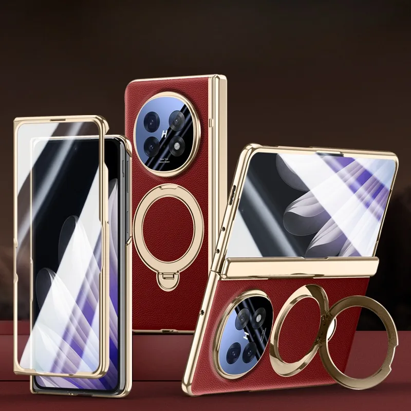 

Для OPPO Find N5 Чехол GKK Роскошный кожаный + ПК Складной чехол на петлях с магнитным вращающимся кольцом-держателем Подставка с HD Privacy Glass