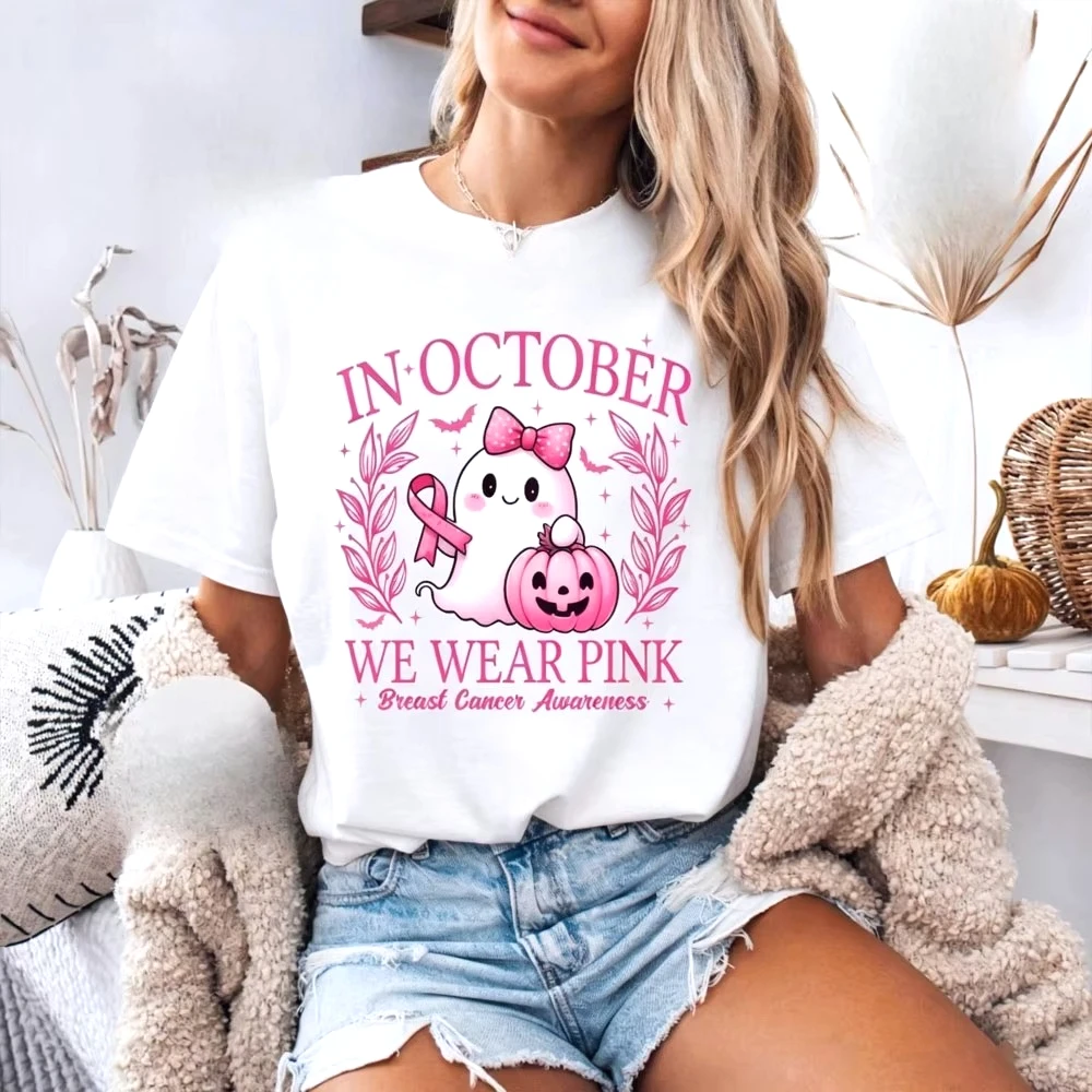 Pink Ghost Breast Cancer Awareness Halloween T-Shirt Woman Man Summer Cotton Graphic T Shirts Adult Tops Tee Short-sleev
