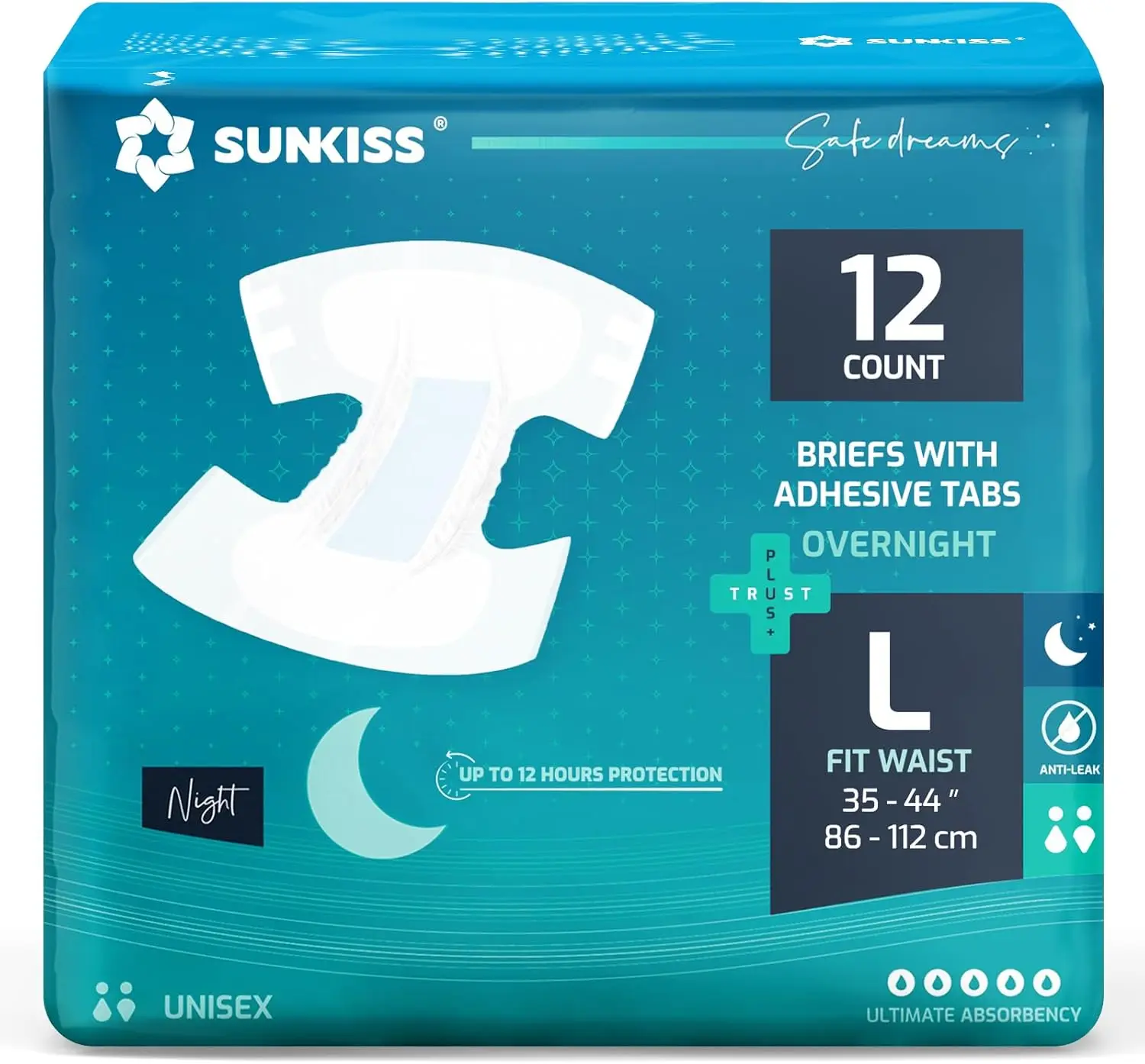 

Overnight Adult Diapers with Tabs, Unisex Heavy Absorbency, Leak Protection, Odor Control, Large 12 Ct