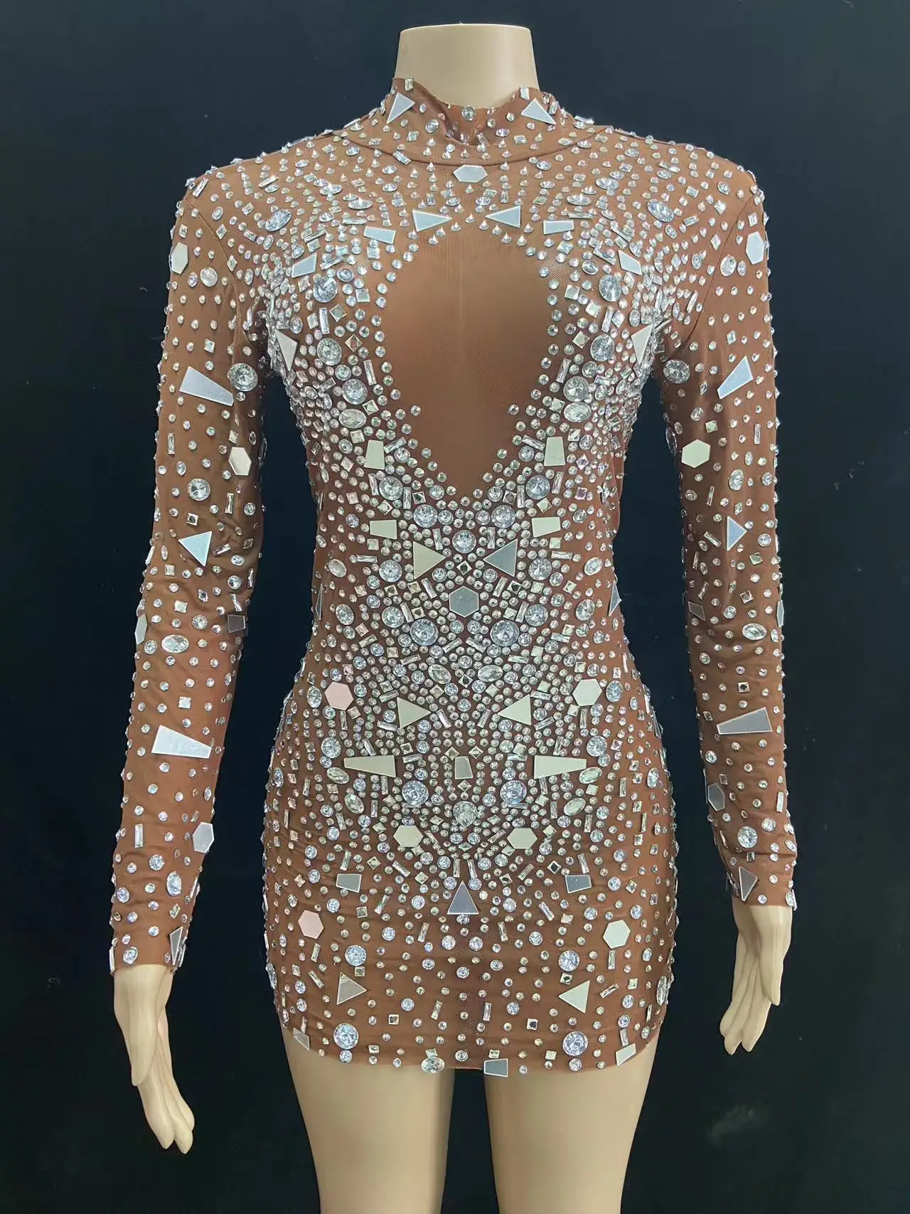 Shining Mirrors Rhinestones Evening Celebrate Birthday Short Dress Women Sexy Mesh See Through Nightclub Party Outfit Stage Wear