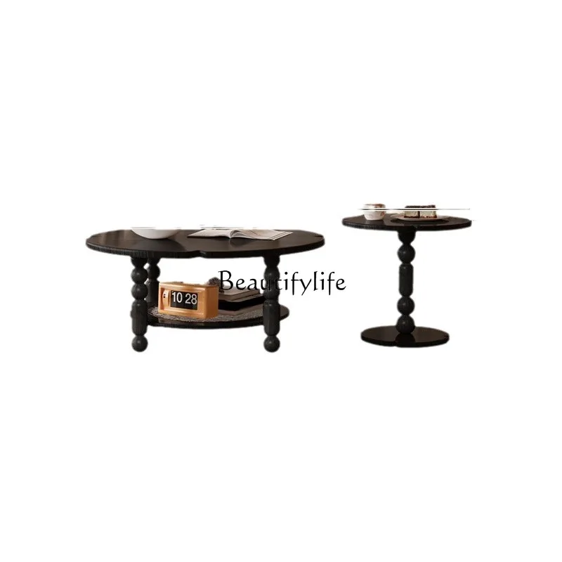 

Solid wood coffee table round French retro black medieval high and low coffee table