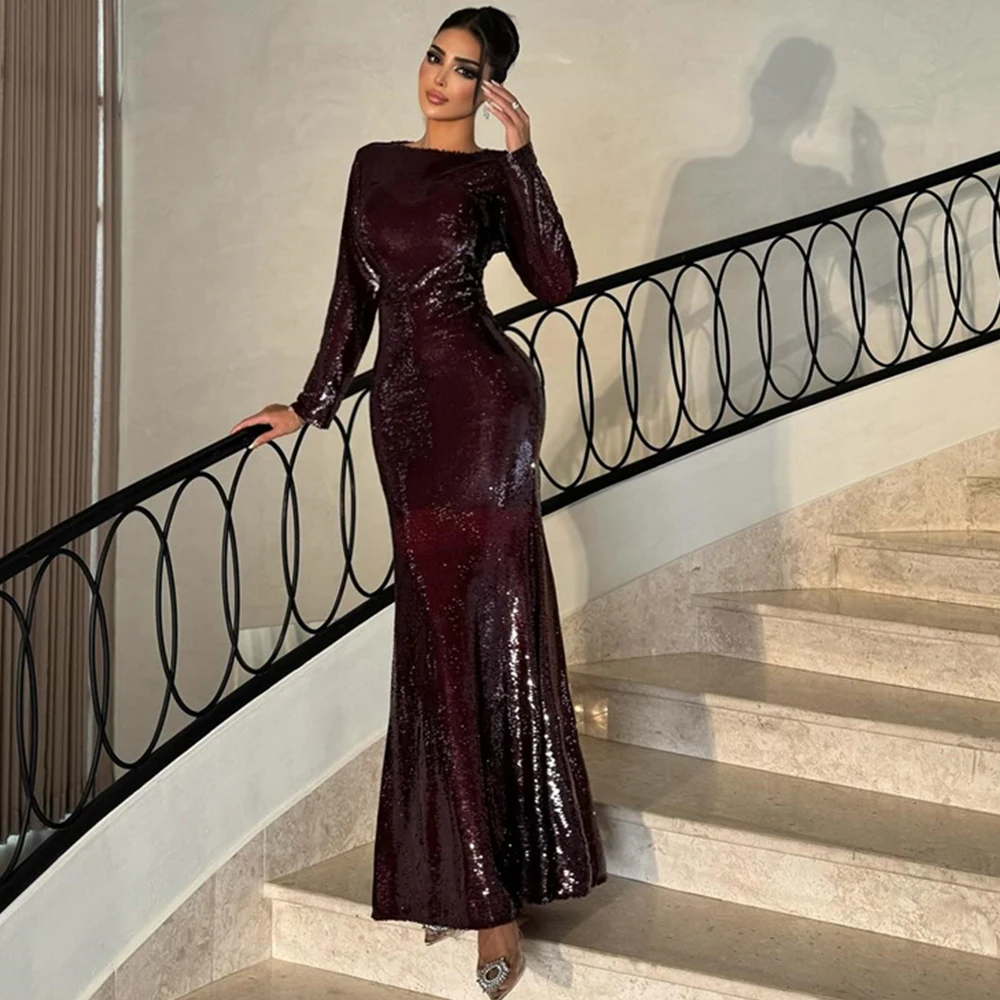 

Luxury Sequined Evening Dress Simple Long Sleeves Customized Prom Dresses Graceful Mermaid Zipper Back Special Occasion Gowns