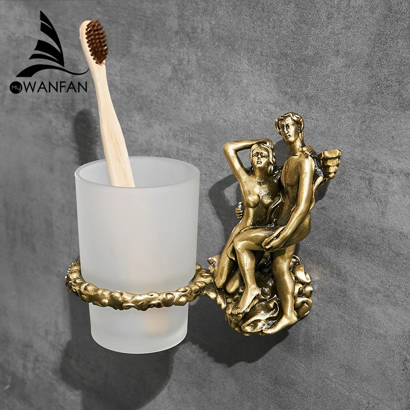 Romantic Wall-Mounted Toothbrush Holder with Frosted Glass Cup for Bathroom Brass Material-Water and Rust ProofMB-0814B