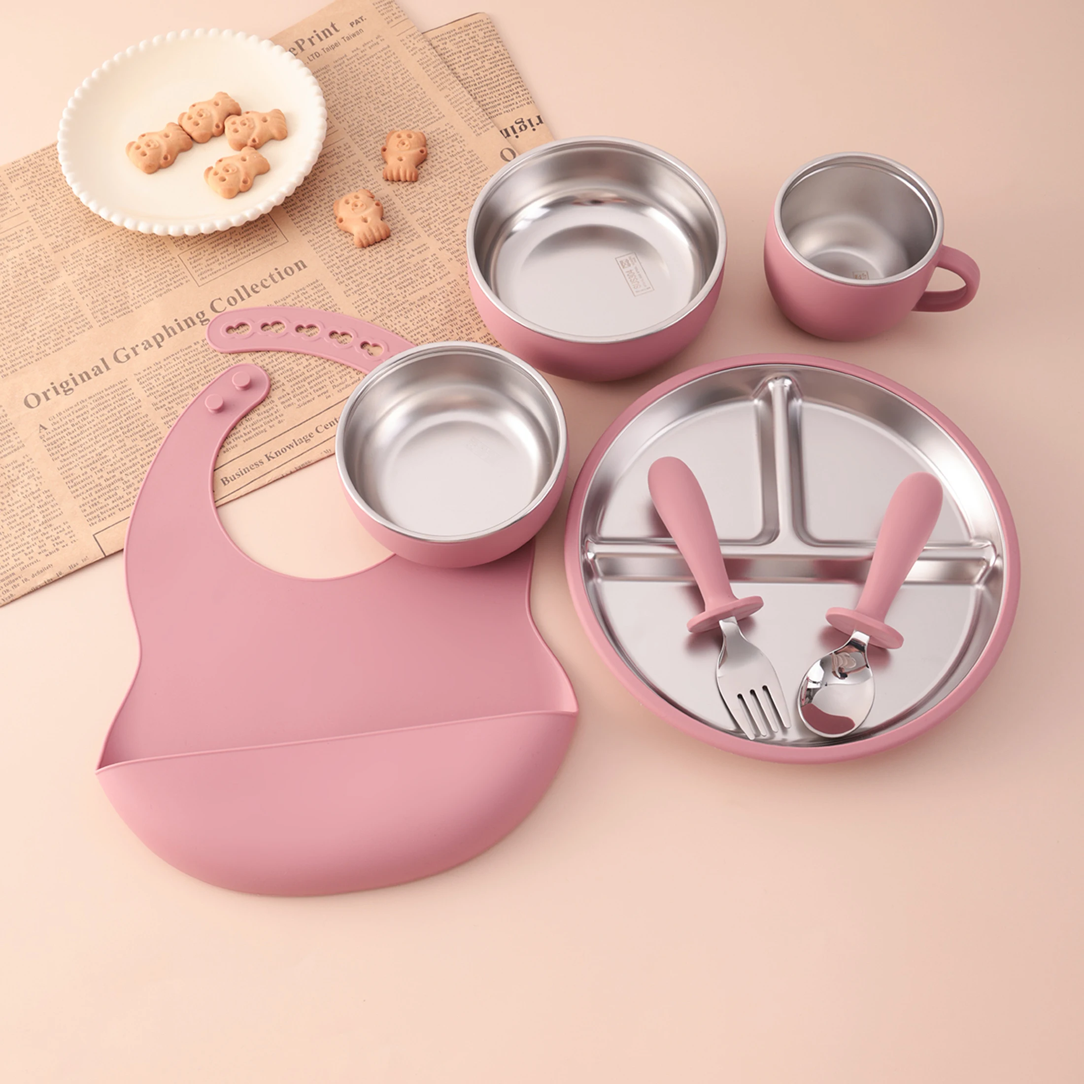 7PCS Food Grade Silicone Feeding Set Sucker Dishes Bowl Leakproof Bib Stainless Steel Utensils Toddler Cup Baby Newborn Items