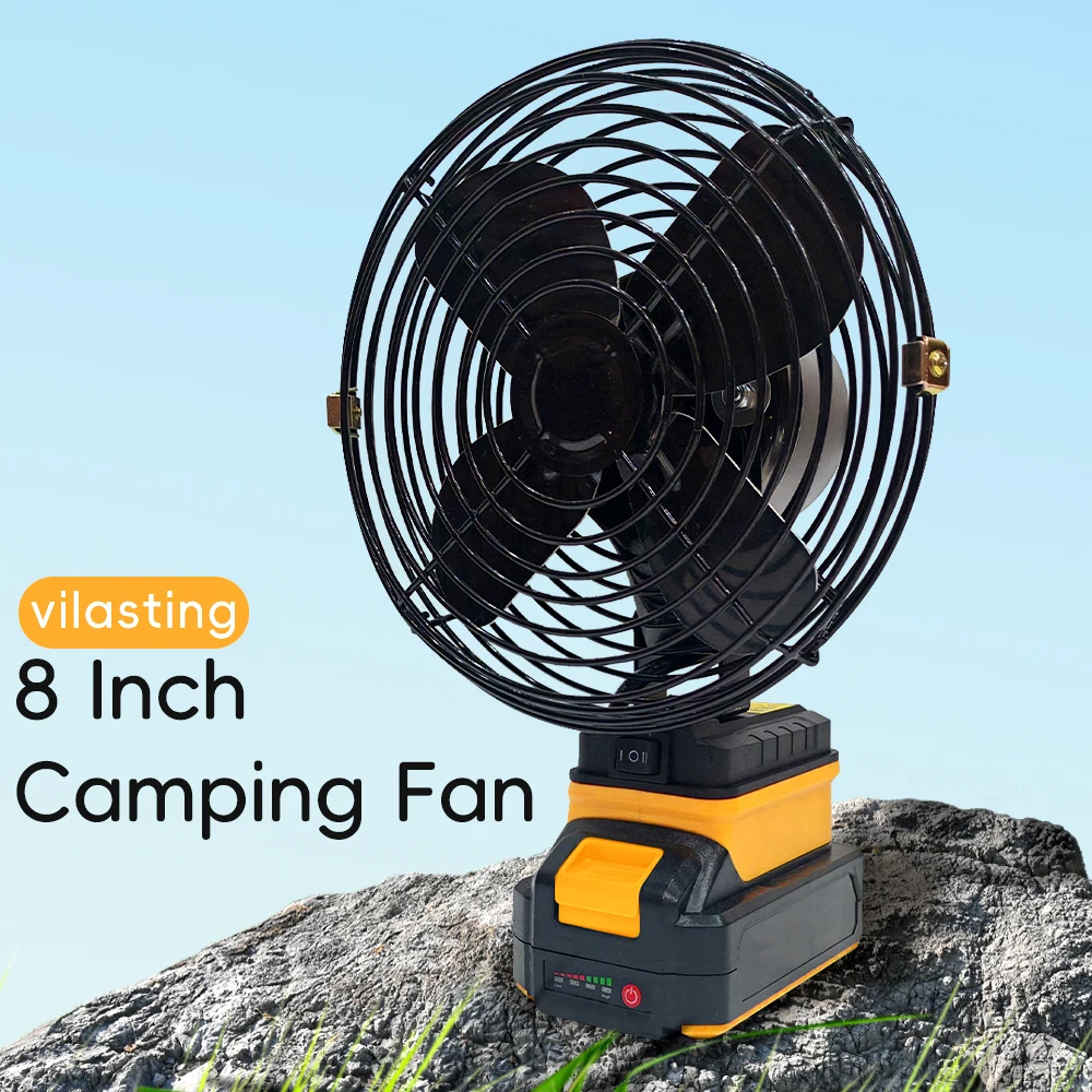 

8-дюймовый вентилятор для кемпинга, рыбалки, беспроводной настольный портативный металлический вентилятор для путешествий, сильный ветровентилятор, подходит для батареи Dewalt 18 В