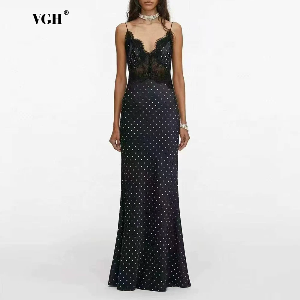 VGH Vestido Maxi Vintage Negro con Puntos de Polka Dot y Tirantes Finos para Mujer, Cuello en V, Falda de Sirena con Encaje Transparente para Galas y Alfombra Roja
